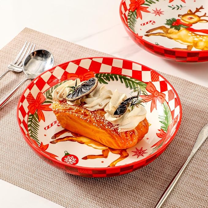 Pasta Bowls 42 Oz, Serving Bowls Set of 4, Ceramic Plate for Kitchen,Salad, Dinner, Microwave Oven and Dishwasher Safe, Versatile Christmas Dishes for Holiday Entertaining, Red