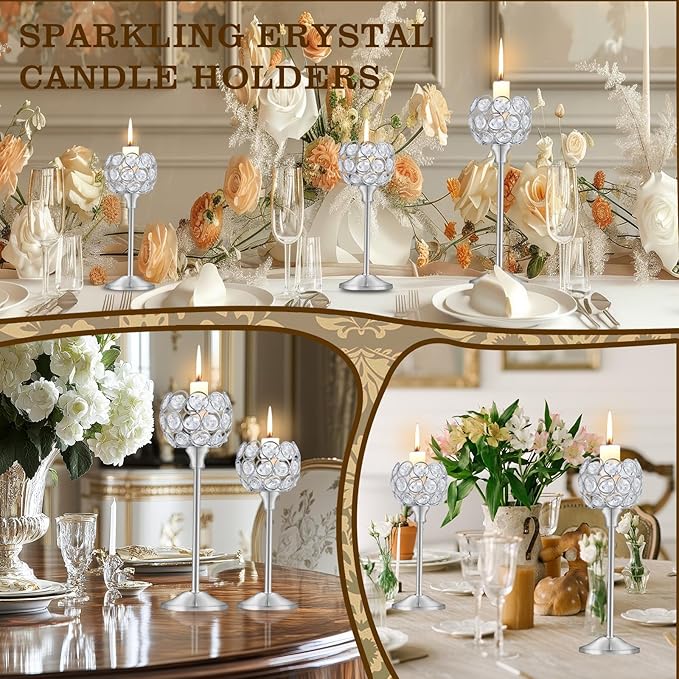Crystal Metal Tealight Candlestick, Bling Bowl Candelabras, Tall Crystal Candle Holders Elegant Candle Centerpiece for Dining Table Wedding Home Mantel Decor(Silver, 4Sets(12 Pcs))