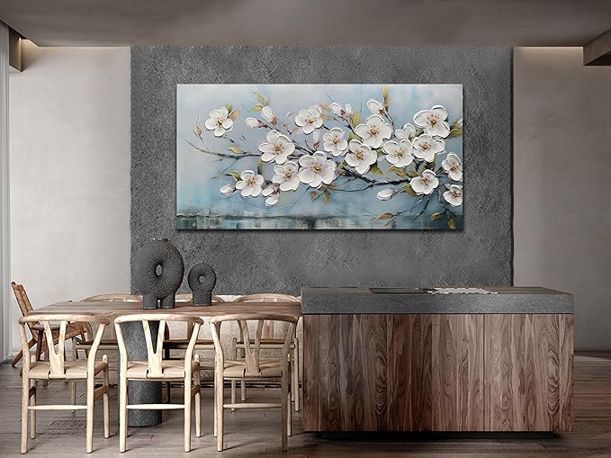 Anolyfi White Textured Flowers Wall Art for Living Room Canvas Wall Decor, Modern Elegant Landscape Wall Art for Dining Room Hallway Office Home 40"x20"