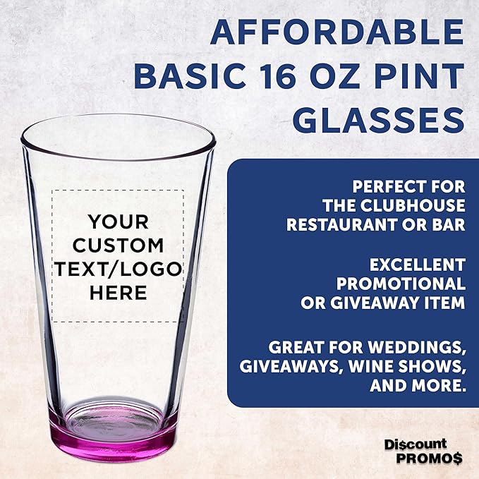 DISCOUNT PROMOS Custom Beer Pint Glasses 16 oz. Set of 10/50/100, Personalized Bulk Pack - Heavy Duty Glassware for Restaurant, Thick Base and Walls, Stackable - Pink