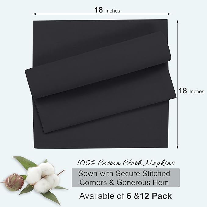 Ruvanti Cloth Napkins Set of 6, 18x18 Inches, 100% Cotton, Washable, Soft & Absorbent, Perfect for Wedding, Christmas, ‎Thanksgiving Dinners - Black Beauty