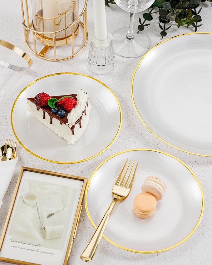 Morejoy 60Pcs Pearl White Plastic Plates,White Disposable Plates With Gold Rim,Heavy-duty Gold Plates, Modern swirl design Plate Include 30Clear Dessert-Platos,30Dinner-Platos for Party&Christmas