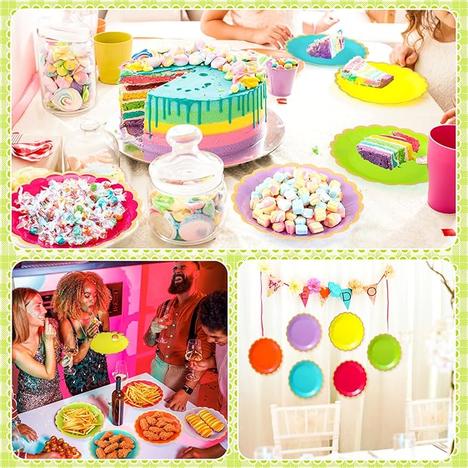 96 Pcs Neon Colorful Paper Plates 9 Inch Gradient Scalloped Paper Plates Disposable Dinner Dessert for Birthday Wedding Bridal Party Supplies, 6 Colors