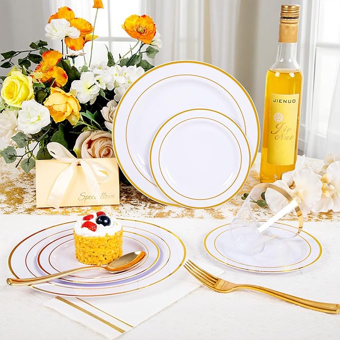GATHER 176 Pieces Gold Dinnerware Disposable - White and Gold Plastic Plates Includes 50 Plates, 25 Plastic Silverware, 25 Napkins, 25 Cups and 1 Tablecloth for Wedding Party