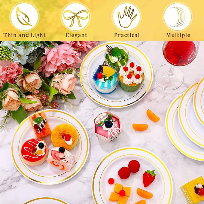 Sieral 200 Pieces Disposable Plates Plastic Party Plates with Rim Hard Plastic Appetizer Salad Dessert 7.5 Inch Elegant Heavy Duty Tableware for Dinner Wedding Party Supplies(Gold Rim)