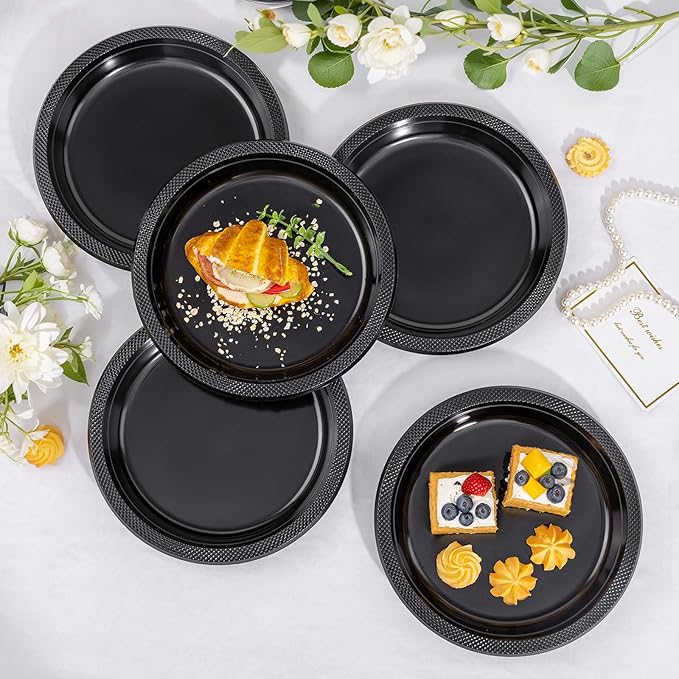 WELLIFE Black Plastic Plates 10 Inch -150 Count for Party, Plastic Disposable Dinner Plates for Easter Picnic BBQ