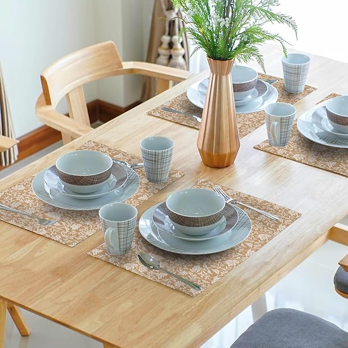 Block Print Placemats - Vintage Floral Place Mats Set of 4 Rustic Brown Beige Tablemats 12x18 for Party Kitchen Dining