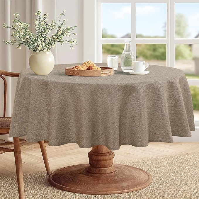JIUZHEN Round Table Cloth Faux Linen Farmhouse Tablecloth Wrinkle & Stain Resistant Table Cover for Kitchen Dining, Holiday Party Dinner, Khaki, 108 Inch Round
