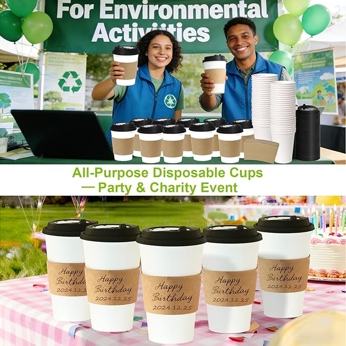 100 Pack 16 oz Disposable Coffee Cups with Lids and Sleeves, To Go Coffee Cups with Lids, Leak-Proof Hot Coffee Cups, PLA White Paper Coffee Cups for Hot Beverage