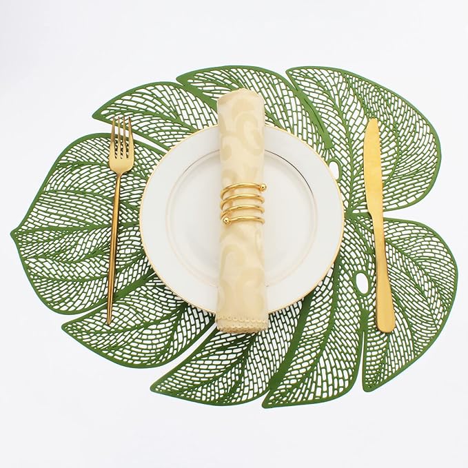 Evevda Green Leaf Shaped Vinyl Placemats for Dinner Table Set of 8 Plastic Green Place Mats Wipeable 8Pcs Table Mats for Wedding Annersary Dinner Table Decoration Mats