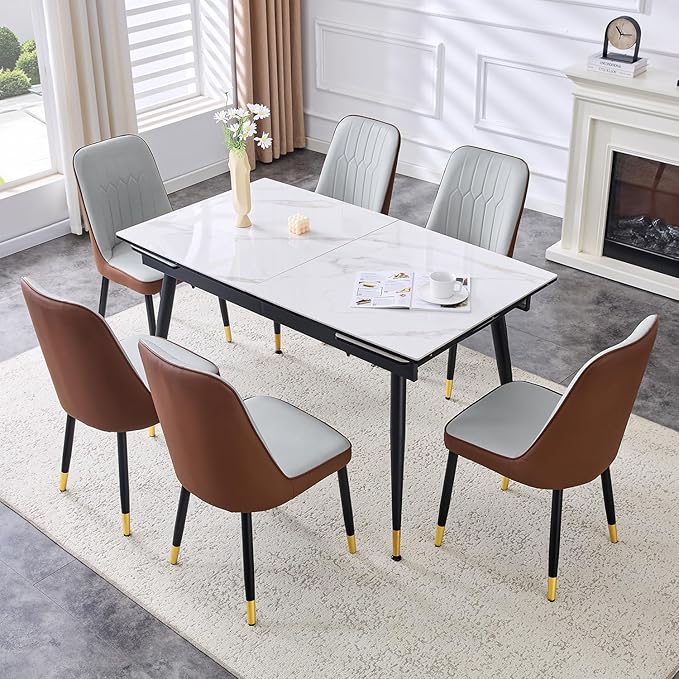 Extendable Dining Table Set for 6, 55'' to 78.8'' Rectangular Thickened Sintered Stone Kitchen Table with 6 Upholstered Chairs, Modern Space Saving 7-Piece Dinner Table Set