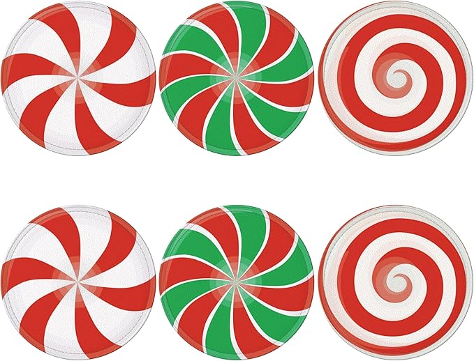 Christmas Candy Coasters Leather Round Drink Coasters 6 Pcs Set with Holderor for Cup Drink Coffee Table Bar Home Decor