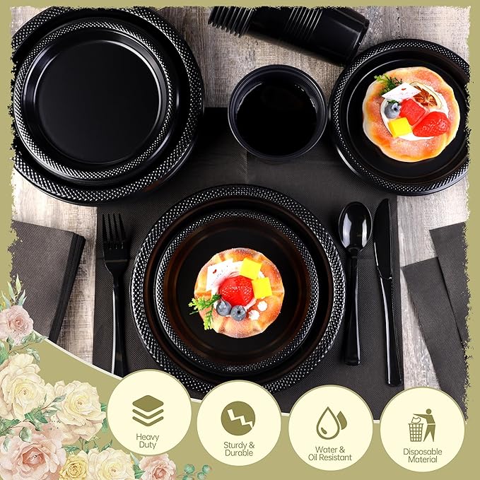 Kochorie 480 Pieces Black Plastic Dinnerware Set for 60 Guests Disposable Heavy Duty Plates Napkins Cups and Silverware Dessert Dinner Plates for Halloween Birthday Wedding Party Supplies