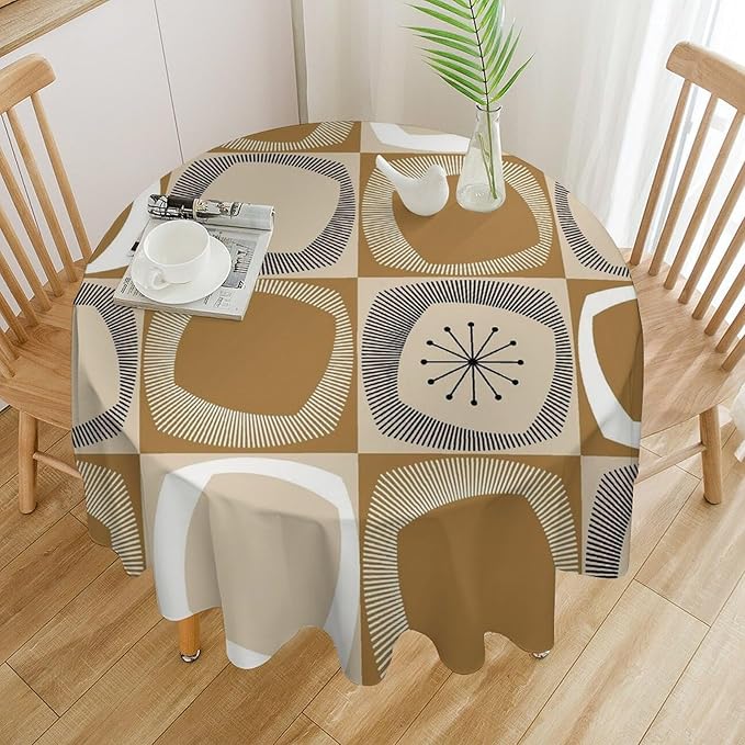 Mid Century Round Tablecloth, Retro Geometric Colorful Squares Abstract Boho Vintage 50s 60s Tablecloth for Home Party Dining Room Kitchen Decor 50Inch(127cm)