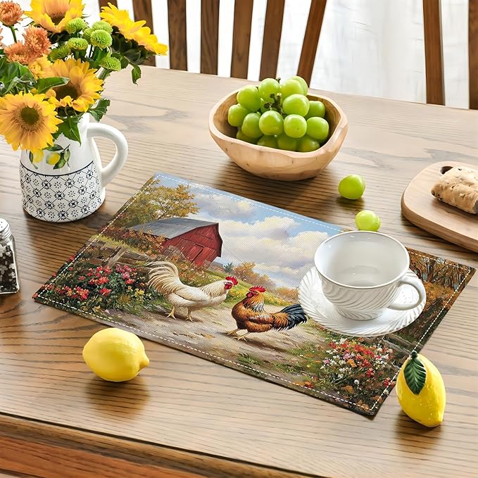 Farmhouse Rooster Placemats Set of 4, Farm Chicken Place Mats, Rustic Farm Coop Waterproof Washable Table Mats for Home Party Indoor Kitchen Dining Table Decoration 12x18 Inch