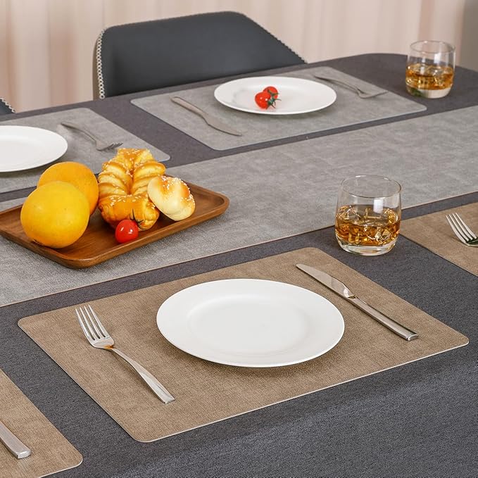 Myir JUN Reversible Vinyl Placemats Set of 4, Faux Leather Place Mats Dual Sided Waterproof Oilproof Wipeable, Heat-Resistant Table Mats for Kitchen Dining Indoor Outdoor (12" x 17", Light Gray Beige)