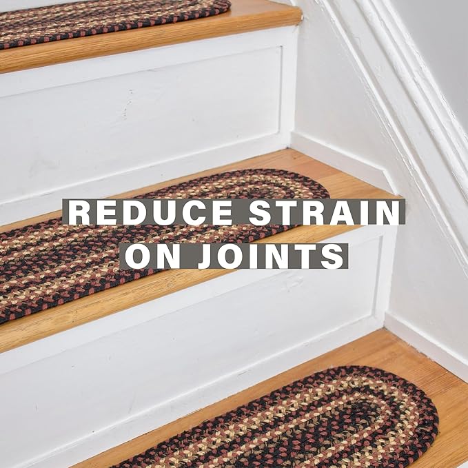 Homespice Prescott Jute Braided Stair Tread, Country Primitive Decor, Set of 13, Black and Red 8x28 Rectangle Rugs for Stairs - Easy to Clean, Tightly Stitched and Durable