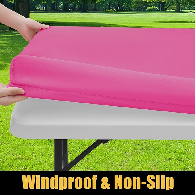 Smiry Rectangle Picnic Table Cloth, Waterproof Elastic Fitted Tablecloths for 8 Foot Tables, Washable Polyester Table Cover for Camping, Indoor and Outdoor (Rose Pink, 30"x96")