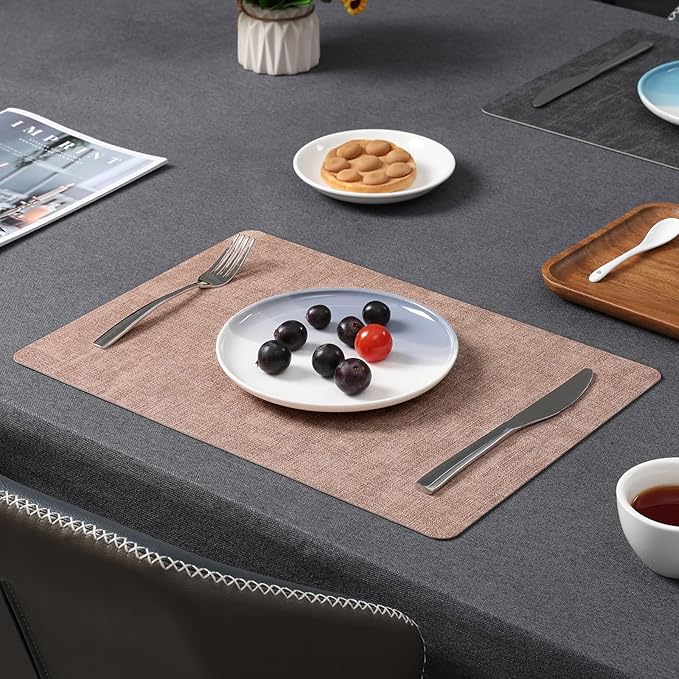 Myir JUN Placemats Dual Sided, Faux Leather Place Mats Set of 6 Indoor Placemats for Dining Table Outdoor Placemats Manteles Individuales Square Non-Slip Washable Table Mats (Gray Pink, Set of 6)