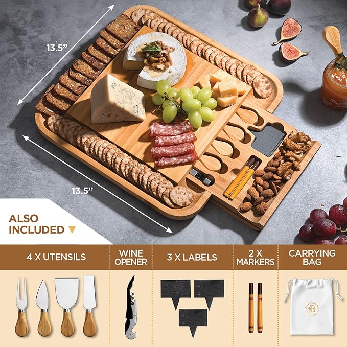 Charcuterie Boards Gift Set by Bambüsi - Large Bamboo Cheese Board for Serving, Entertaining, Cheese Platter for Kitchen, House Warming Gifts New Home, Wedding, Bridal Shower, Birthday Gifts for Women