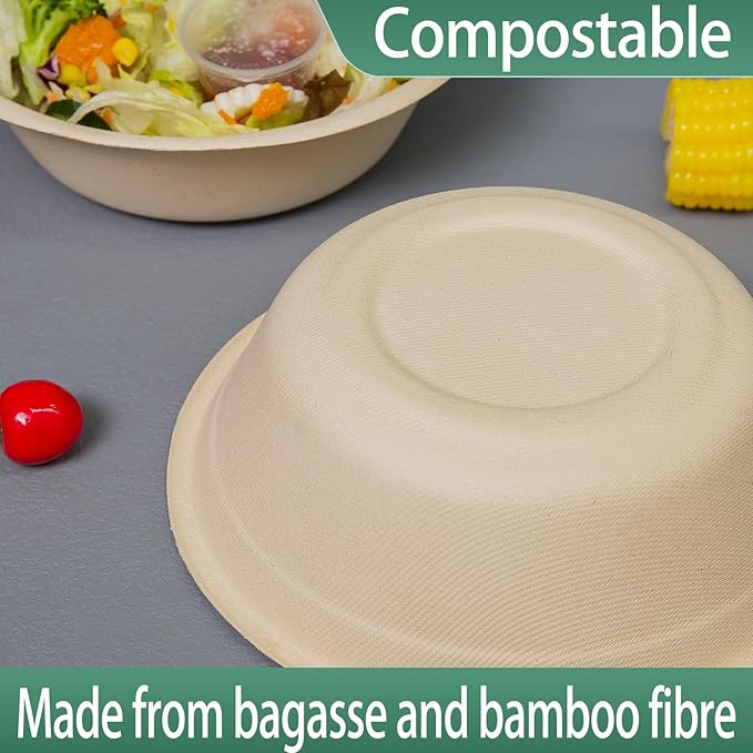 32oz Disposable Salad Bowls 150Pack, Big Paper Bowls, Large, Heavy-Duty, Eco-Friendly, Bulk Pack, Compostable Bowls, Biodegradable Made of Sugar Cane Fibers,Perfect For Salad