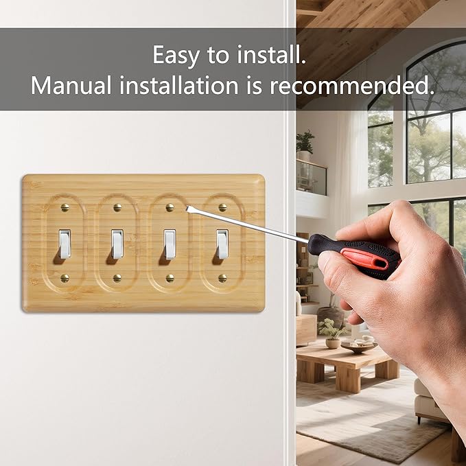 Bamboo Wood Cover Plate for 4 Toggle Switches Quad Size