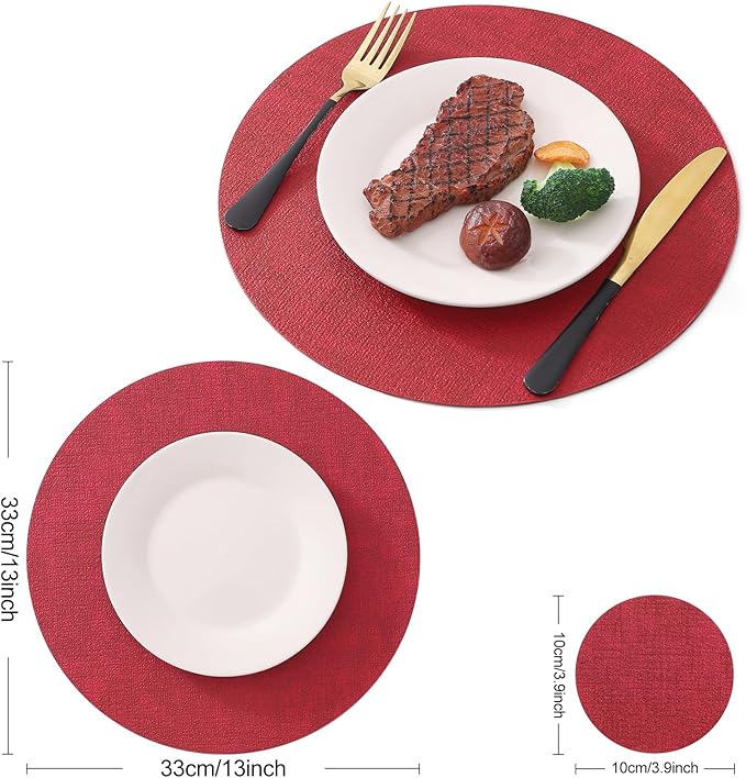 Homaxy Round Faux Leather Placemats and Coasters, Washable Dual-Side Table Mats, Wipeable Heat-Resistant Dining Place Mats for Outdoor and Indoor, Set of 4, Diameter 13 and 3.93 inch, Red