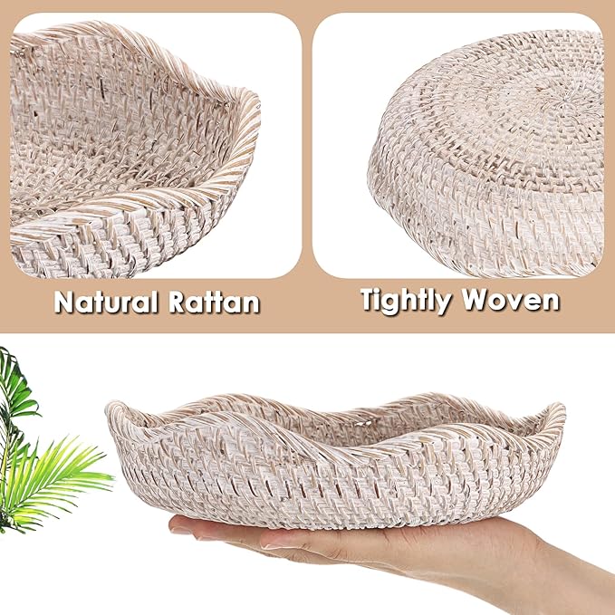 Hipiwe Decorative Key Tray Rattan Storage Bowl Food Serving Basket for Fruit Bread Candy Handwoven Basket Tray for Entryway Table Kitchen, Whitewash 8.6 Inch