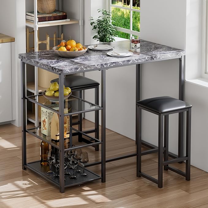 VECELO Small Bar Table and Chairs Set for 2, Upholstered Stools & Glass Storage Shelves, for Kitchen Dining Breakfast Nook, Space-Saving, Faux Marbled & Black