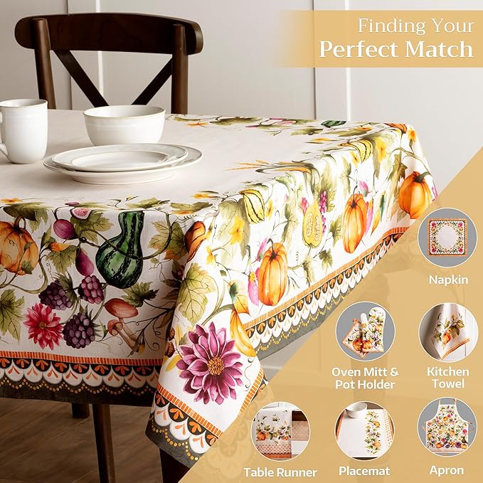 Maison d' Hermine Table Cloth Rectangle Table 100% Cotton 60 x 90 Inches Fall Tablecloth Reusable Everyday Use for Thanksgiving Christmas Decorations Dining Farmhouse (Pumpkin Garden - Cloudy Cream)