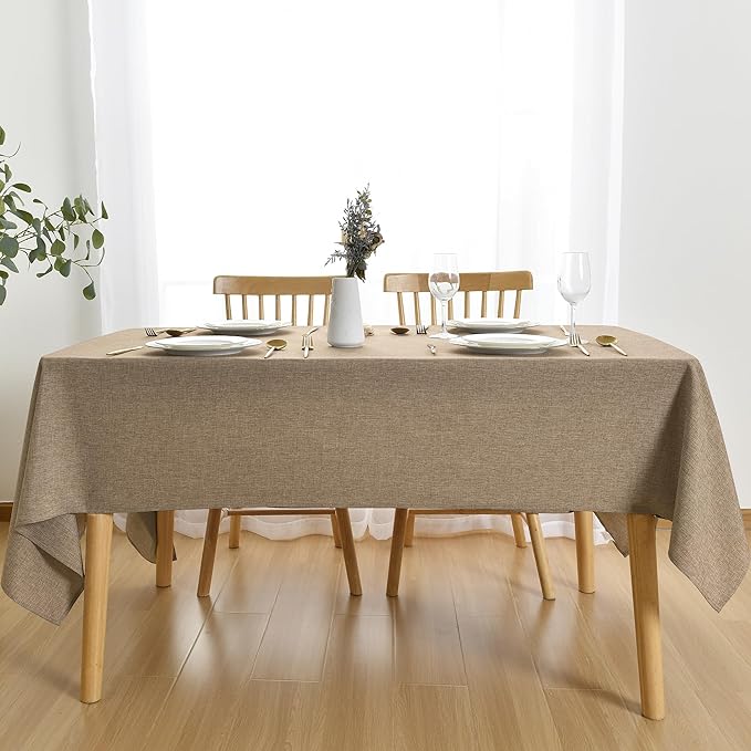 JIUZHEN Square Table Cloth Faux Linen Farmhouse Tablecloth Wrinkle and Stain Resistant Decorative Fabric Table Cover for Kitchen, Dining Room, Parties and Camping, Khaki, 60 x 60 Inch