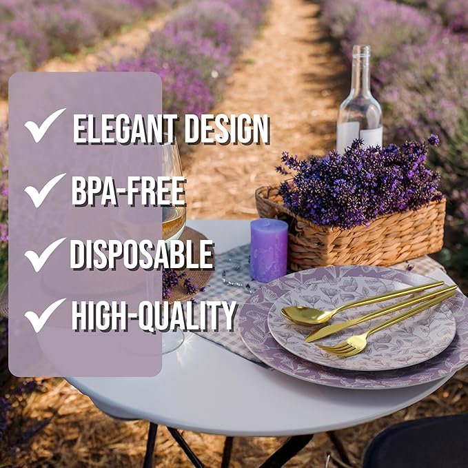 Trendables Fancy Plastic Dinnerware Sets 200 Pc 40 Guests Gold Silverware Disposable 40 X 10 Inch Charger Plates 40 X 8 Inch Dessert Plates 40 x Gold Plastic Forks and Spoons Knives In Blossom Circle