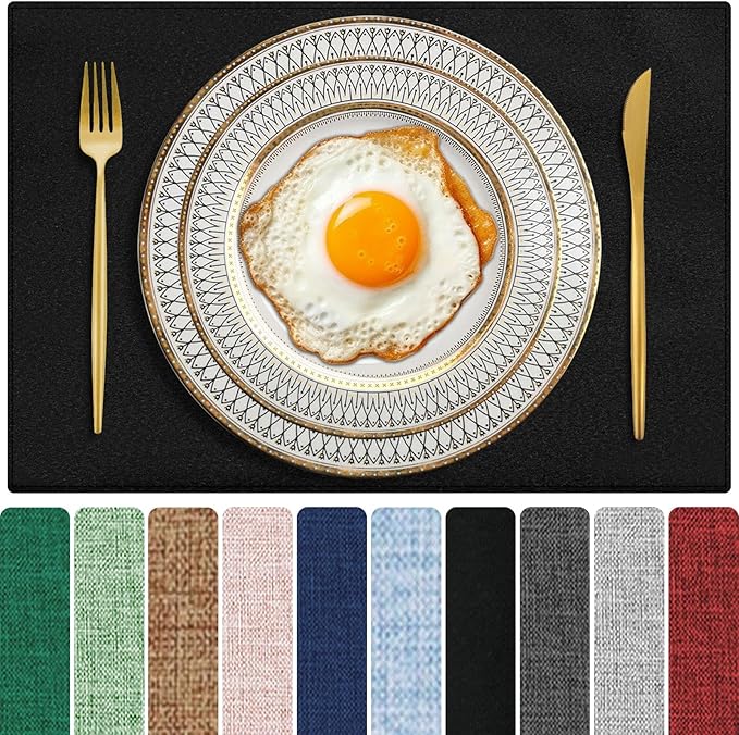 Cloth Placemats Set of 4, Cotton Linen Blend Machine Washable Double Layered Durable Place Mats Heat Resistant Placemats Wrinkle Free Thick Fabric Dining Table Mats (Black, 4)