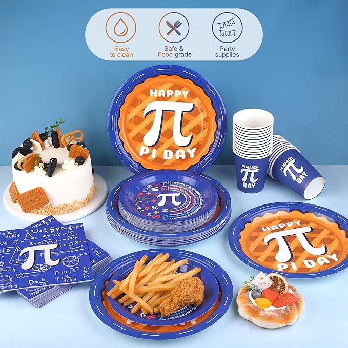 Kochorie 96 Pieces Pi Symbol Pie Plates and Napkins Party Supplies Happy Pi Day Disposable Tableware Set Include 9 Inch/7 Inch Paper Plates Cups Napkins Serve 24 Guest for Math Theme Party Decor
