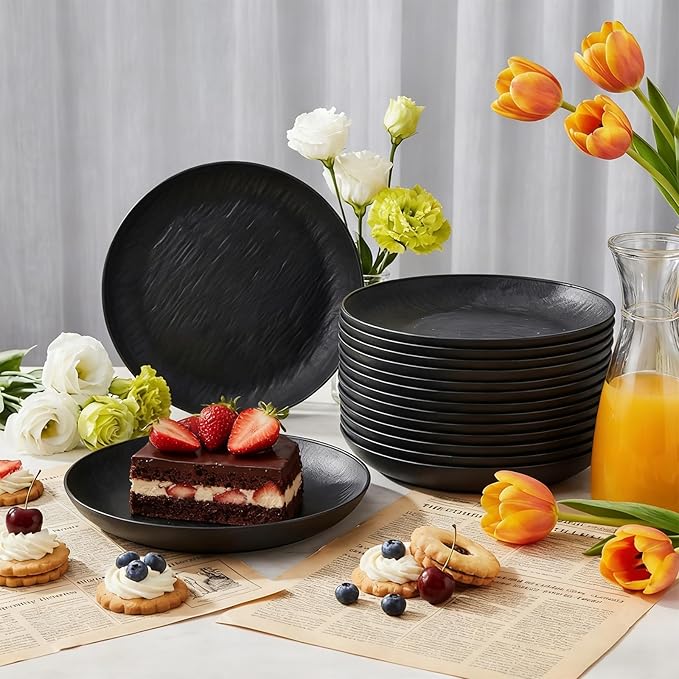 16 Pieces Large Deep Plastic Plates, 9 Inch Unbreakable Dinner Plates Reusable Lightweight Dishes, BPA Free Flat Round Dinnerware Microwave Dishwasher Safe for Kitchen Camping Picnic