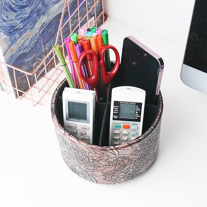 Round Leather Art Supply Organizer,Remote Control Holder,360 Degree Spinning,Multi-Functional Pencil Holder,4 Compartments Desktop Stationary Organizer(1-Rich Flower Gold)