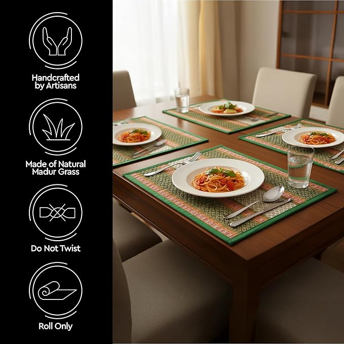 Encasa XO Woven Green Placemats Set of 4 – 12" x 17" | Handwoven Madurkathi Grass Table mats for Dining Table, Kitchen & Outdoor Decor | Durable & Heat‑Resistant