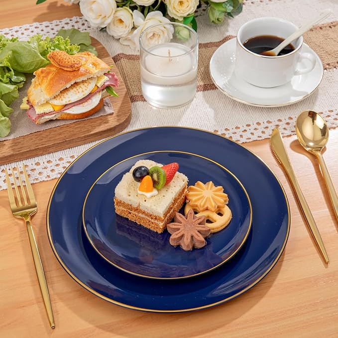 PULOTE 200 Pieces Blue Plastic Plates - Navy Blue and Gold Disposable - Include 100PCS 10 inch Dinner & 100PCS 7 inch Dessert Plate for Party & Hanukkah