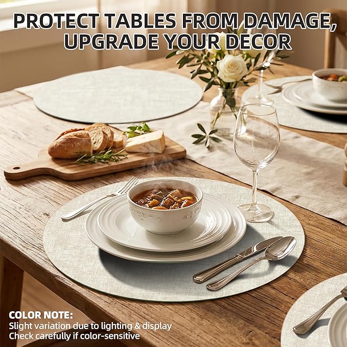 15 inch Faux Leather Round Placemats Set of 4 Non-Slip Washable Wipeable Table Mats, Heat Resistant Waterproof Oilproof Place Mats for Kitchen, Dining, Party, Indoor, Outdoor Beige