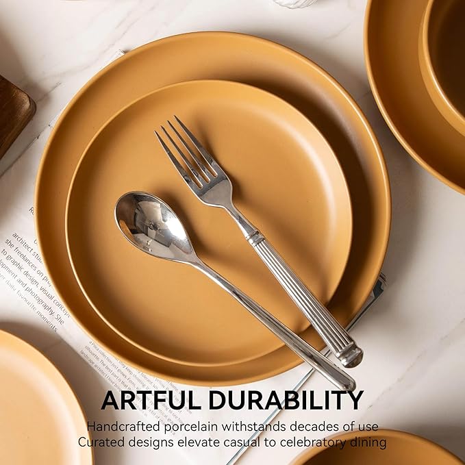12-Piece Matte Orange Dinnerware Set,Stoneware Dinnerware for 4, Microwave & Dishwasher Safe, Stackable Design for Kitchen and Dining - Plates and Bowls
