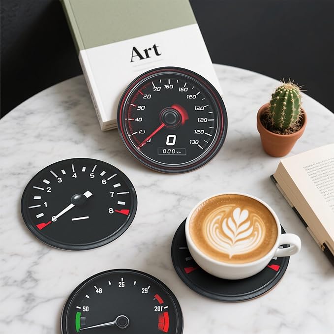 Car Speedometer Coasters Leather Round Drink Coasters 6 Pcs Set with Holderor for Cup Drink Coffee Table Bar Home Decor