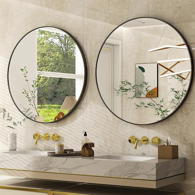 30 Inch Round Bathroom Mirror - Black Wall Mounted Circle Mirror with Metal Frame, Modern Round Hanging Mirror Suitable for Bathroom, Vanity, Entryway, Living Room