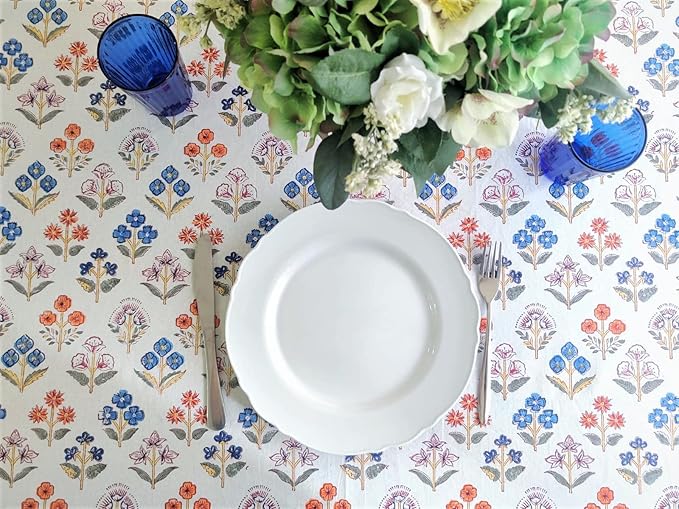 ATOSII Flora Bloom 100% Cotton Rectangle Summer Tablecloth, Block Print Floral Table Cloth for Dining Parties Wedding Outdoors I Grand Millennial Home Decor 60 X 90 Inches I 6 Seater I Memorial Day