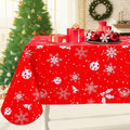 Smiry Christmas Rectangle Table Cloth, Waterproof Vinyl Tablecloth with Flannel Backing, Wipeable Bell & Snowflake Plastic Tablecloths for Christmas Table Decorations, (52"x70", White & Red)