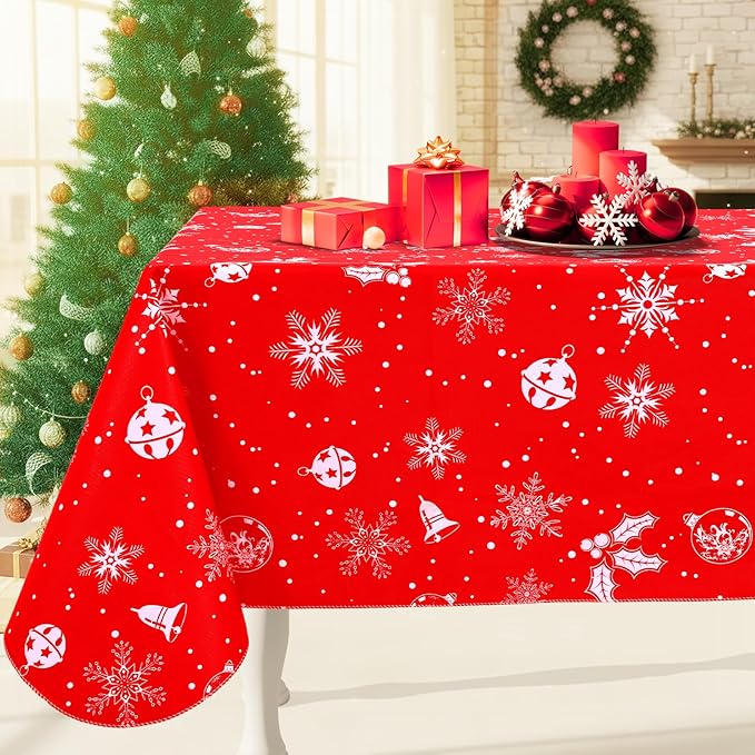 Smiry Christmas Rectangle Table Cloth, Waterproof Vinyl Tablecloth with Flannel Backing, Wipeable Bell & Snowflake Plastic Tablecloths for Christmas Table Decorations, (60"x84", White & Red)