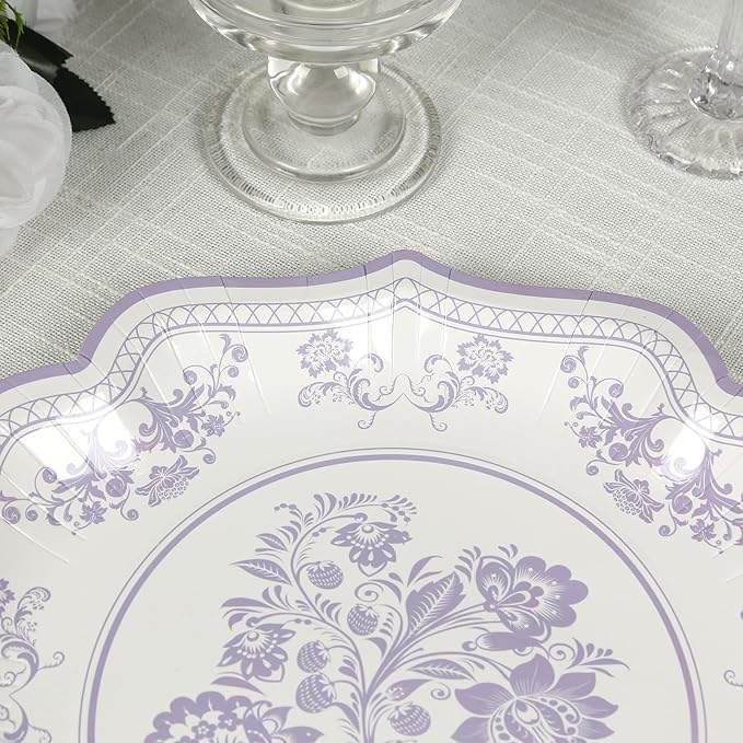 50 Pack 10" White Lavender Lilac French Toile Dinner Plates, Disposable Round Paper Party Plates 300 GSM for Festive Table Decoration