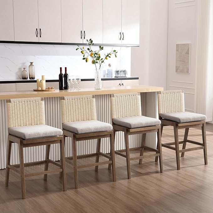 Mid Century Modern Counter Height Barstools Set of 4, 27” Linen Upholstered Counter Stools with Rope Woven Back Wooden Farmhouse Bar Stools for Kitchen Island Dining Room,Grey