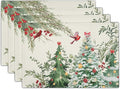 Christmas Placemats for Dining Table Set of 4, Watercolor Xmas Tree Red Bird Washable Non-Slip Heat Resistant Line Fabric Place Mats Winter Table Mats 12x18 Inch for Holiday Decor Party