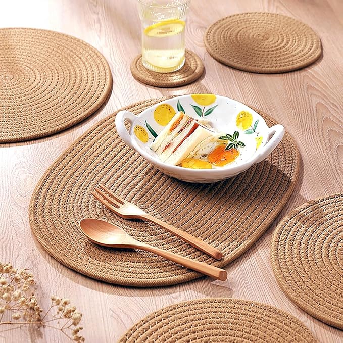 Jute Woven Oval Placemats Set of 6, Brown Plate Charger 12x16 inches Jute Heat Resistant Non-Slip Weave Place mats Farmhouse Straw Braided Rattan Tablemats Wicker Placemats for Dining Table