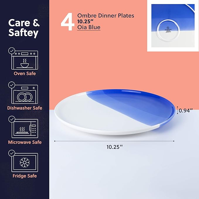 Ombre Dinner Plates Oia Blue - 10.25 inch Porcelain Plates Set, Ceramic Plate Set of 4 - Ombre Dinnerware Collection - Oia Plates
